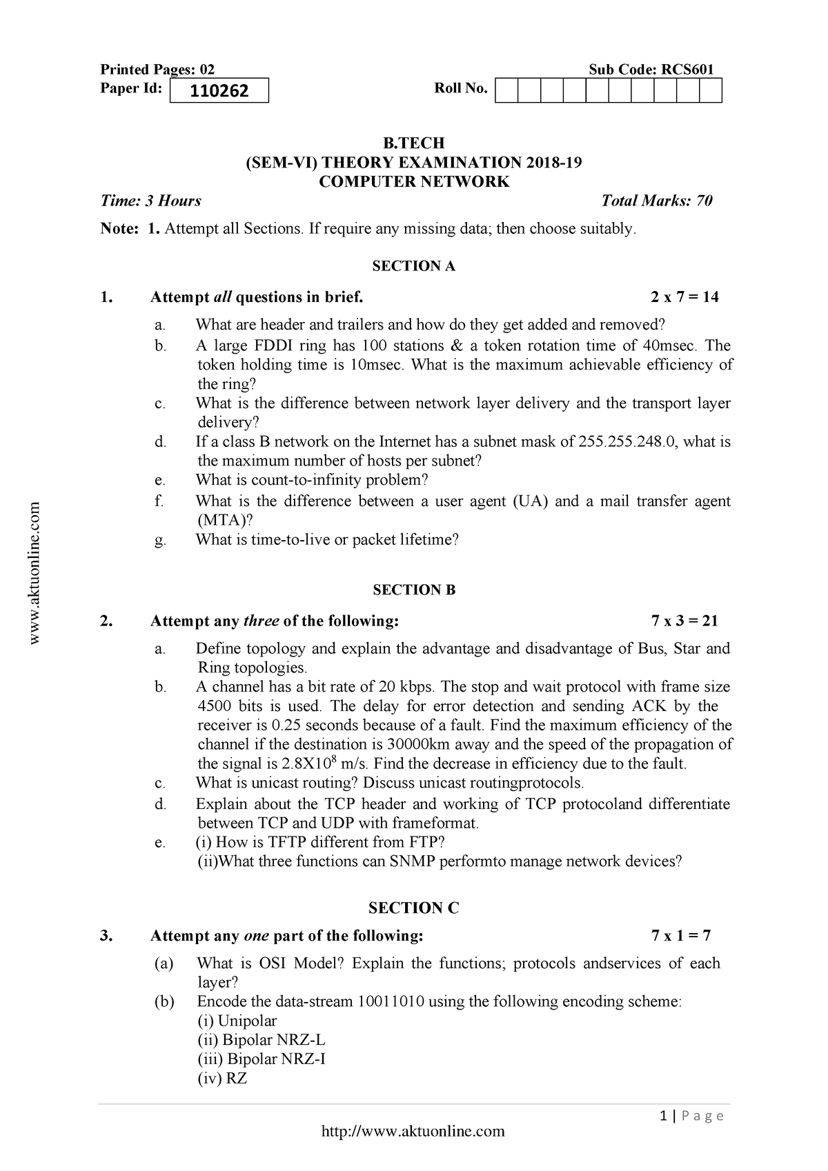 Btech cs 6 sem computer network rcs601 2019 - 1 | P a g e Printed Pages ...