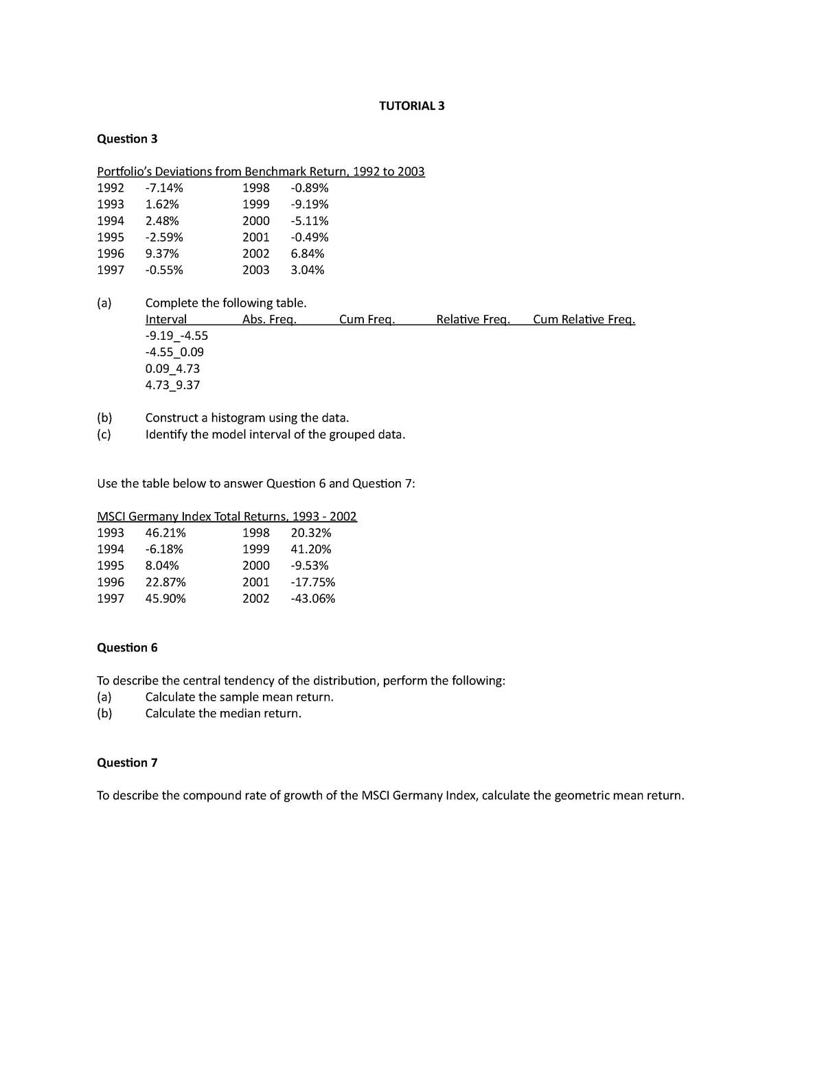 Tutorial 3 Tutorial 3 Question 3 Portfolios Deviations From