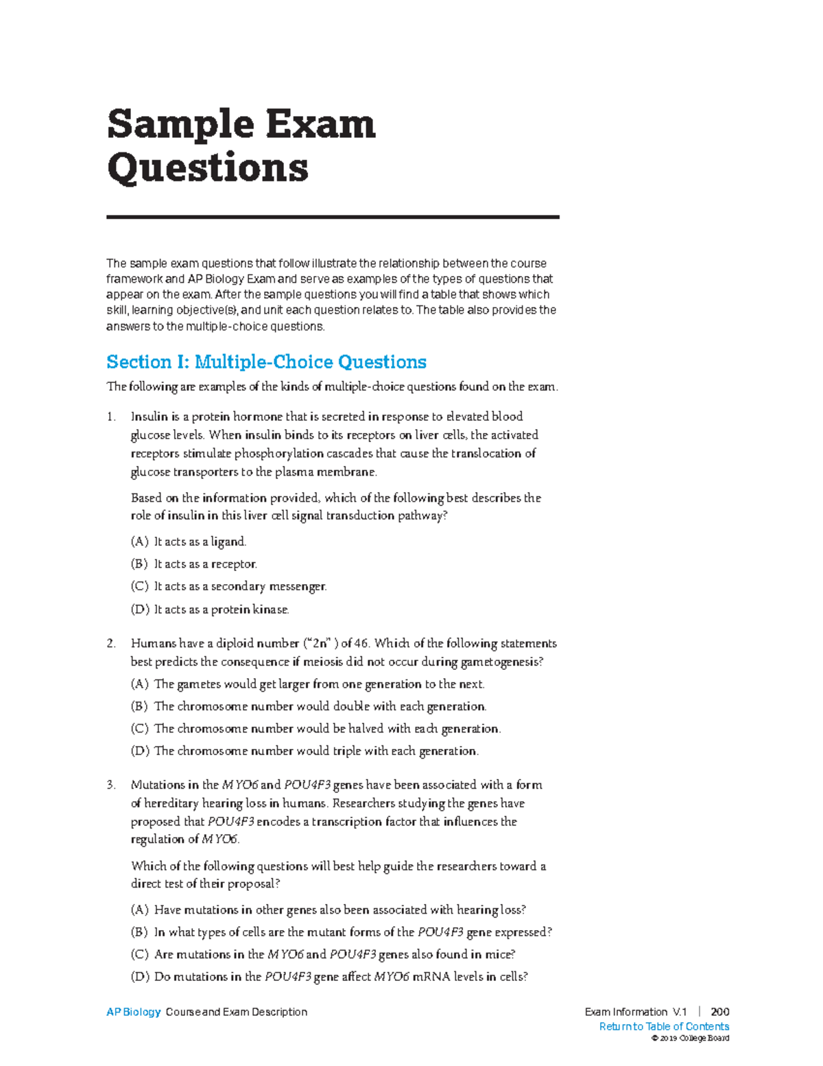 2019 Practice Q's - ap bio past test - Sample Exam Questions The sample ...