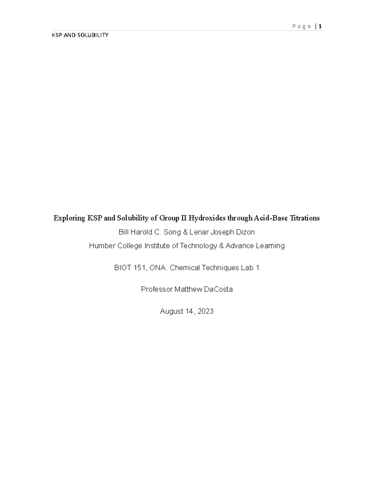 Lab Report Draft KSP AND SOLUBILITY Exploring KSP and Solubility of