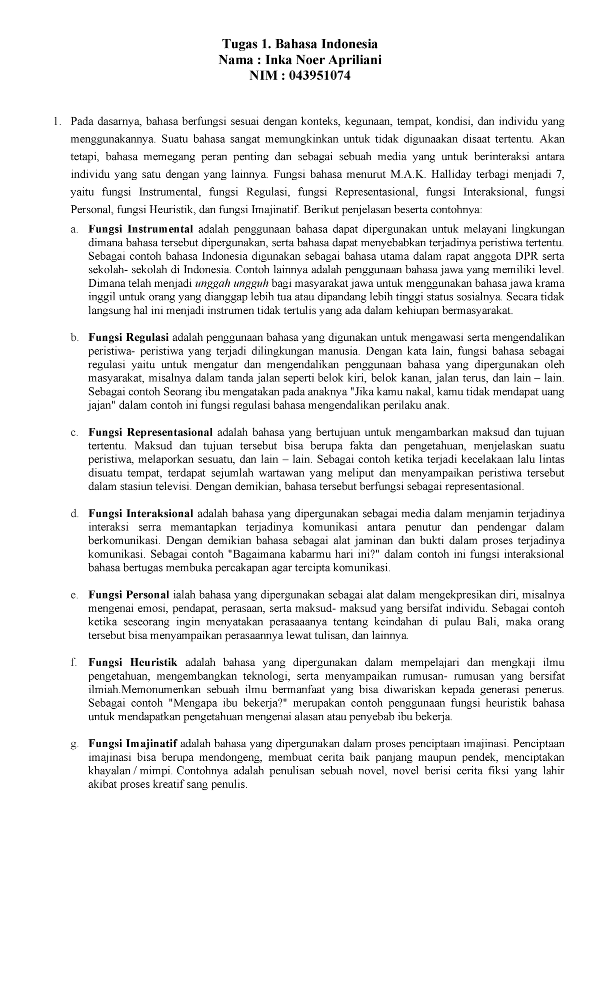 Tugas 1 - MKWU4108 - Tugas 1. Bahasa Indonesia Nama : Inka Noer ...