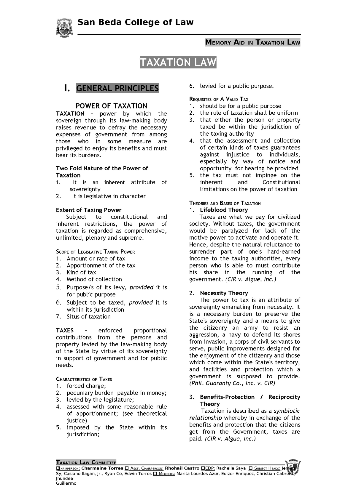 Idoc Taxation Ph Reviewer 1 MEMORY AID IN TAXATION LAW TAXATION LAW