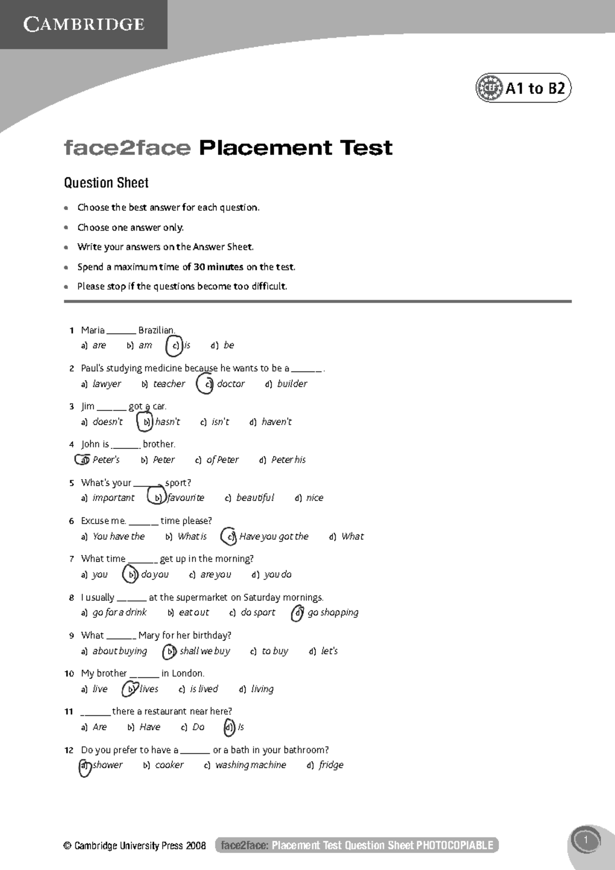 Placement test - Practice exam test on material - 1 CEF A1 to B ...
