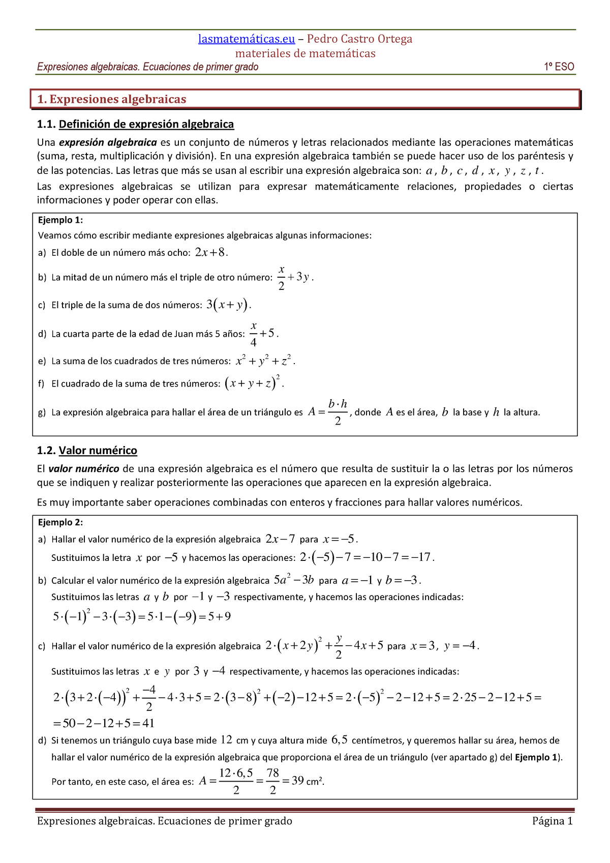 Expresiones Algebraicas Ecuaciones Materiales De Matemticas