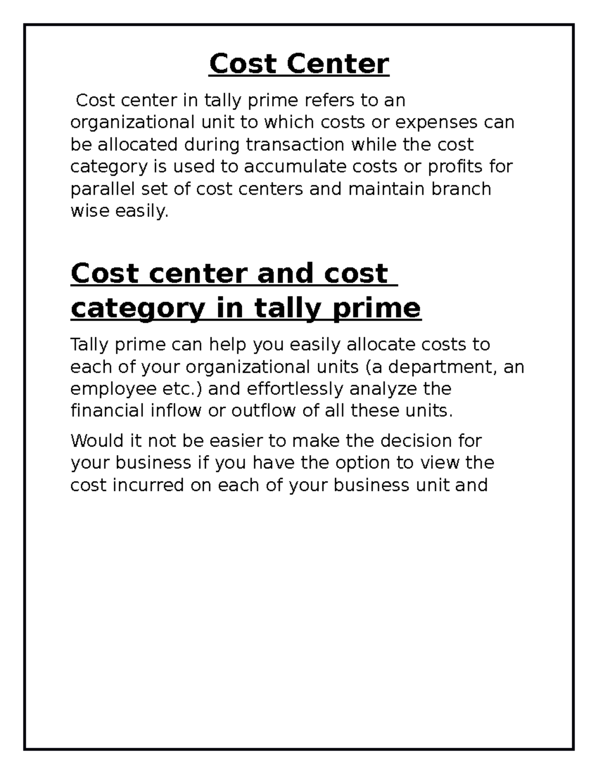Cost Center theory Notes for exams Cost Center Cost center in tally
