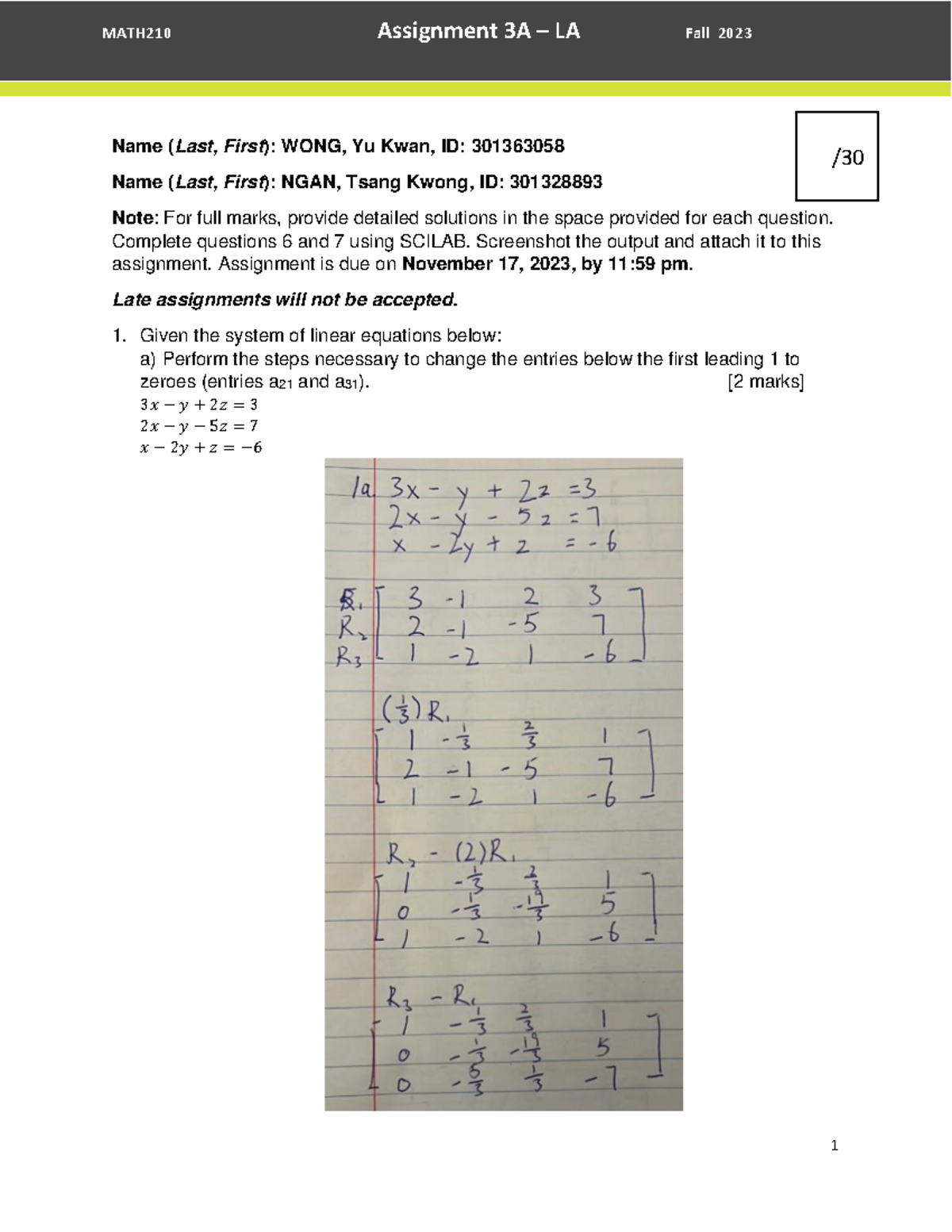 Math 210 - Assignment 3A- Linear Algebra Yu Kwan Wong Ngantsang Kwong ...