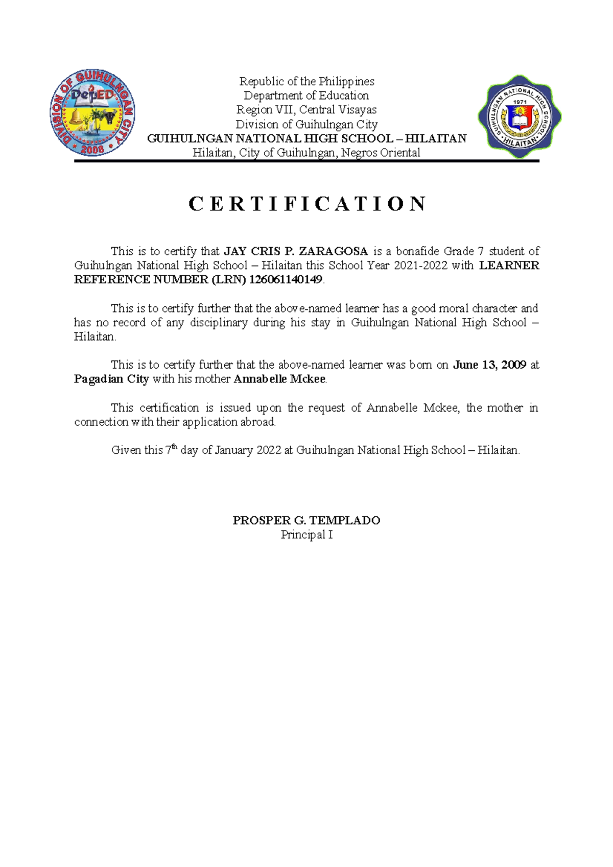 Certificate - none - Republic of the Philippines Department of ...