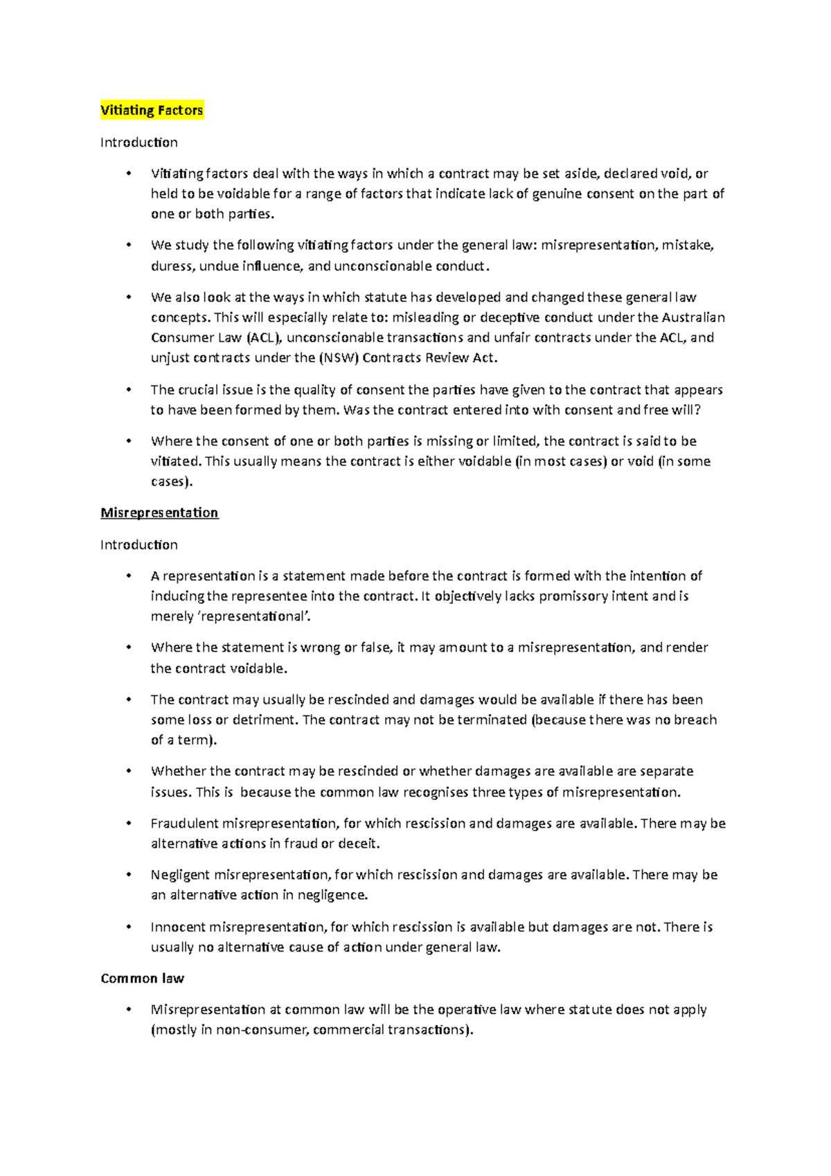 Exam notes - Vitiating Factors Introduction Vitiating factors deal with ...