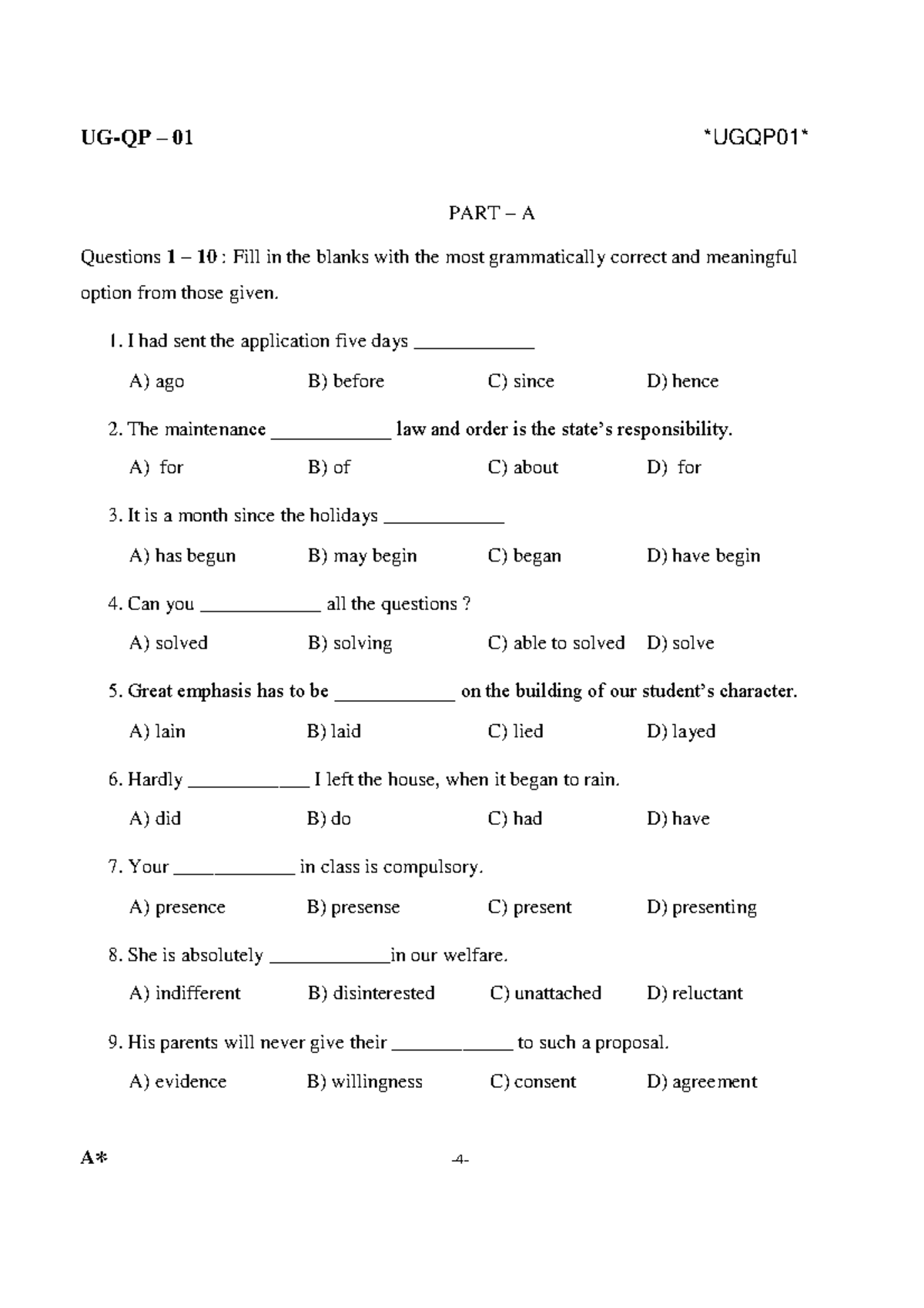 Cuet ug previous year question paper 1 - UG-QP – 01 UGQP01 PART – A ...