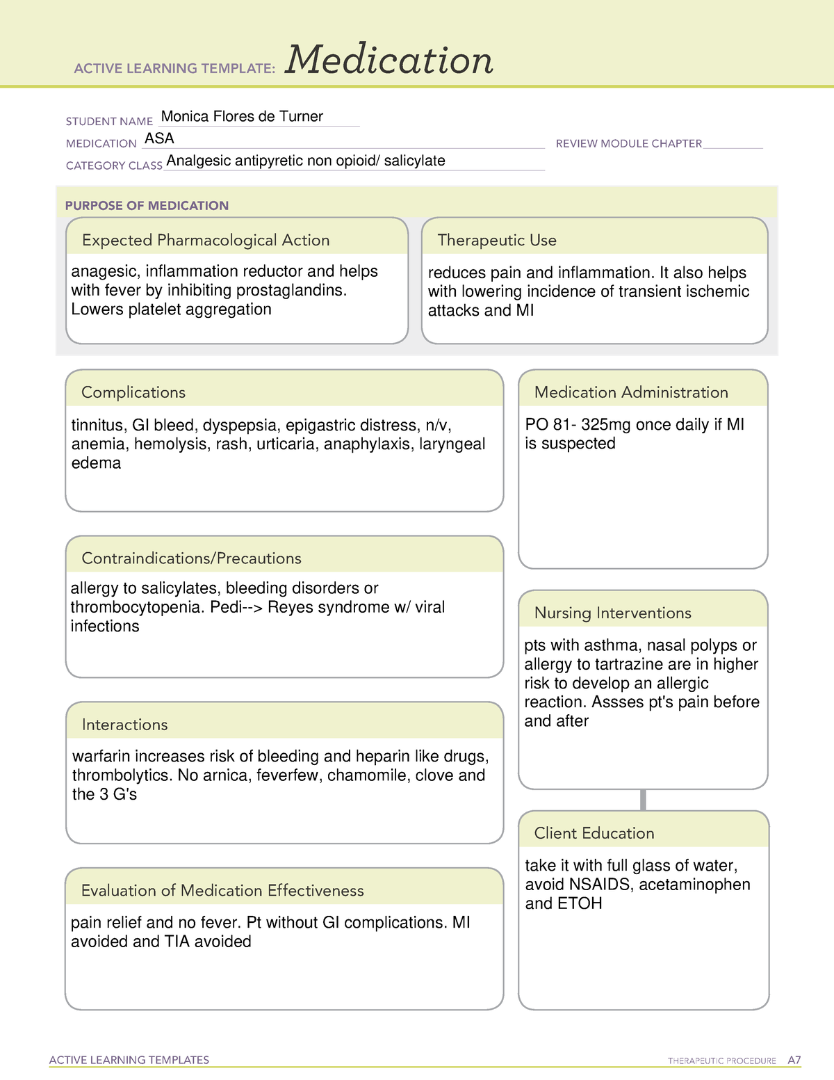 Aspirin medication template for ATI ACTIVE LEARNING TEMPLATES
