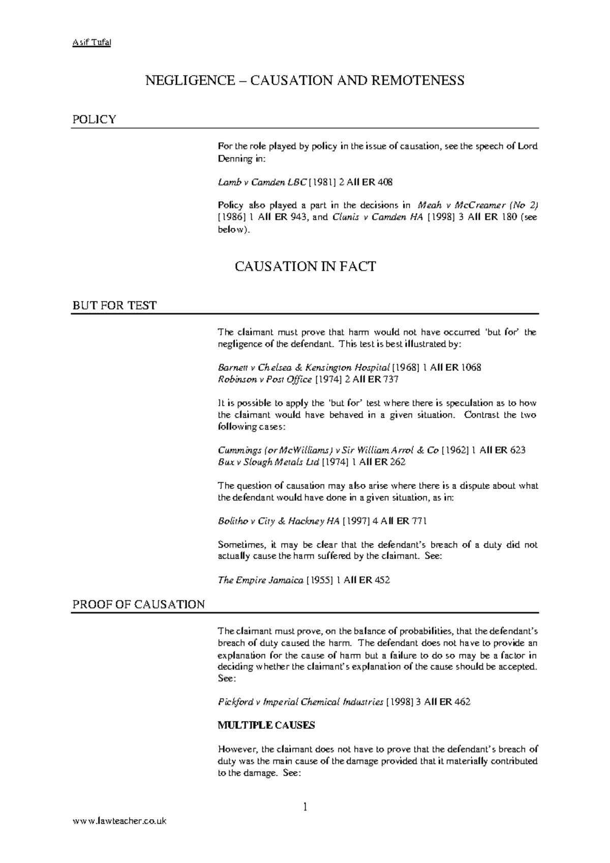 Negligence Causation Lecture Notes 2022 1 Negligence Causation And