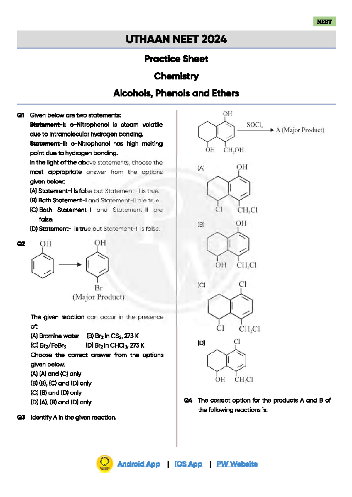 Alcohols, Ethers and Phenols - NEET UTHAAN NEET 2024 Practice Sheet ...