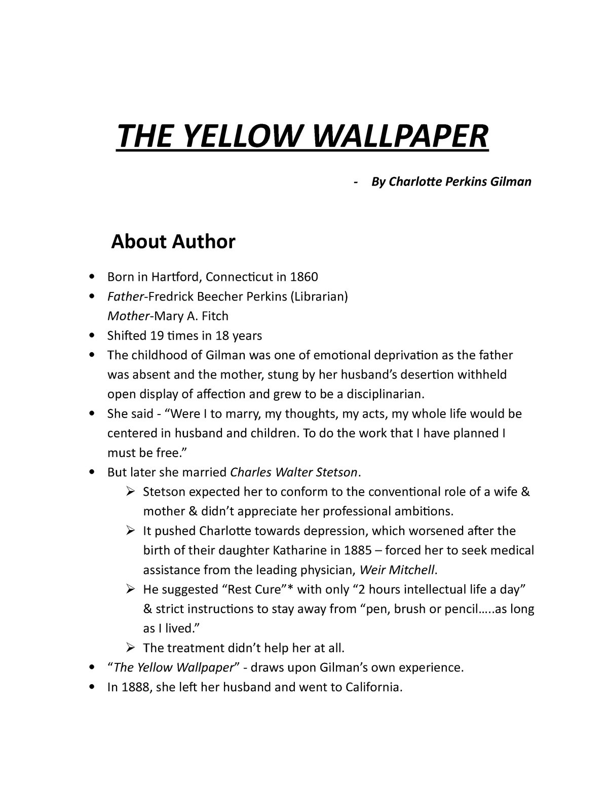 The Yellow Wallpaper Summary in a Plot Diagram