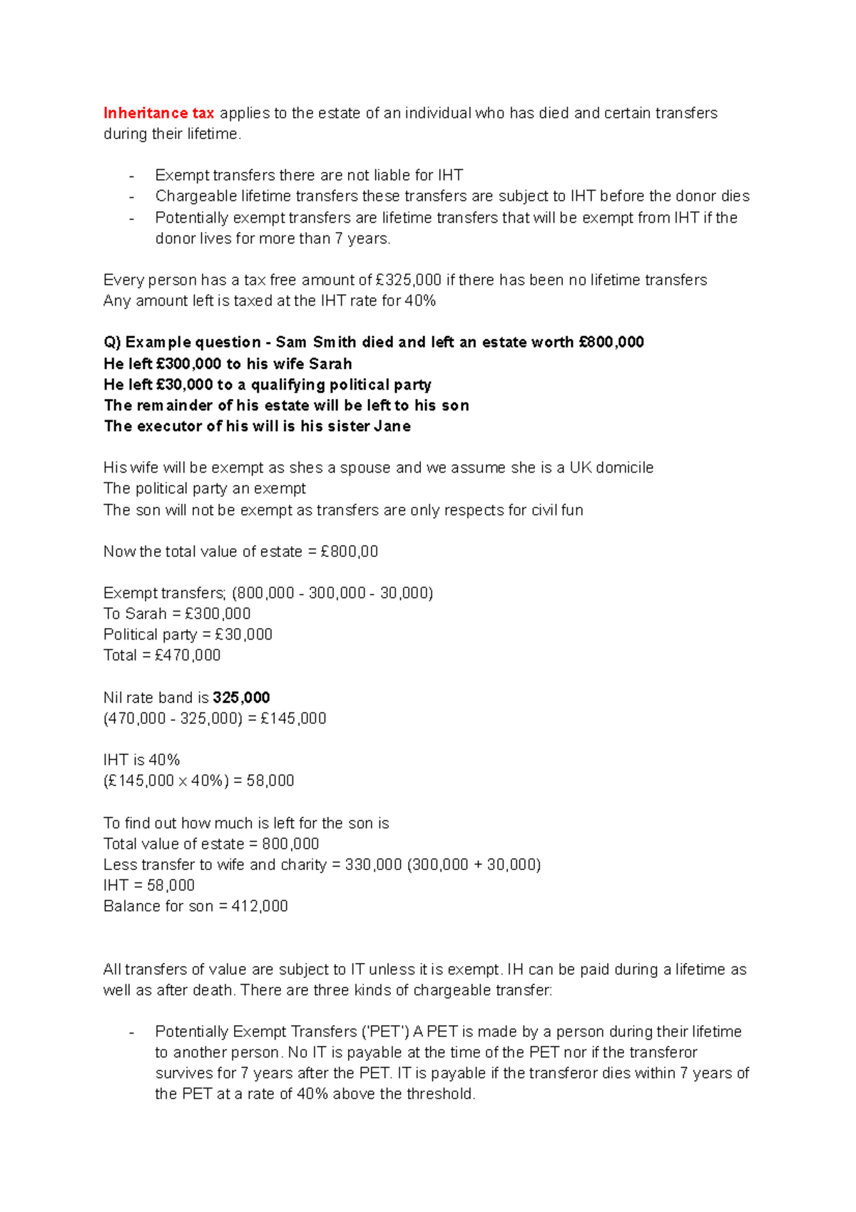 Inheritance Tax By Me - Calculation Work - UWE - Studocu