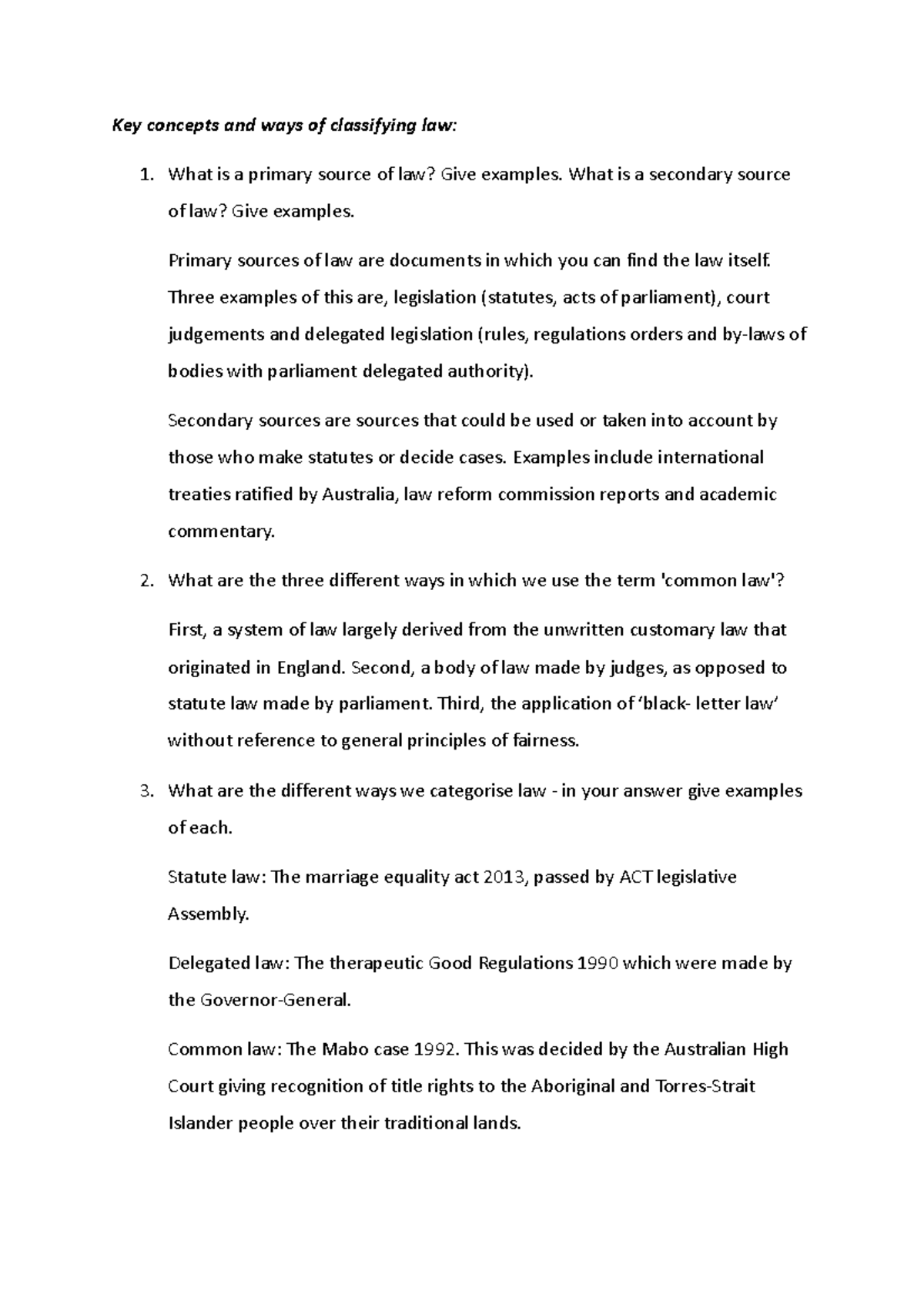 Week 1 Tutorial work Key concepts and ways of classifying law What
