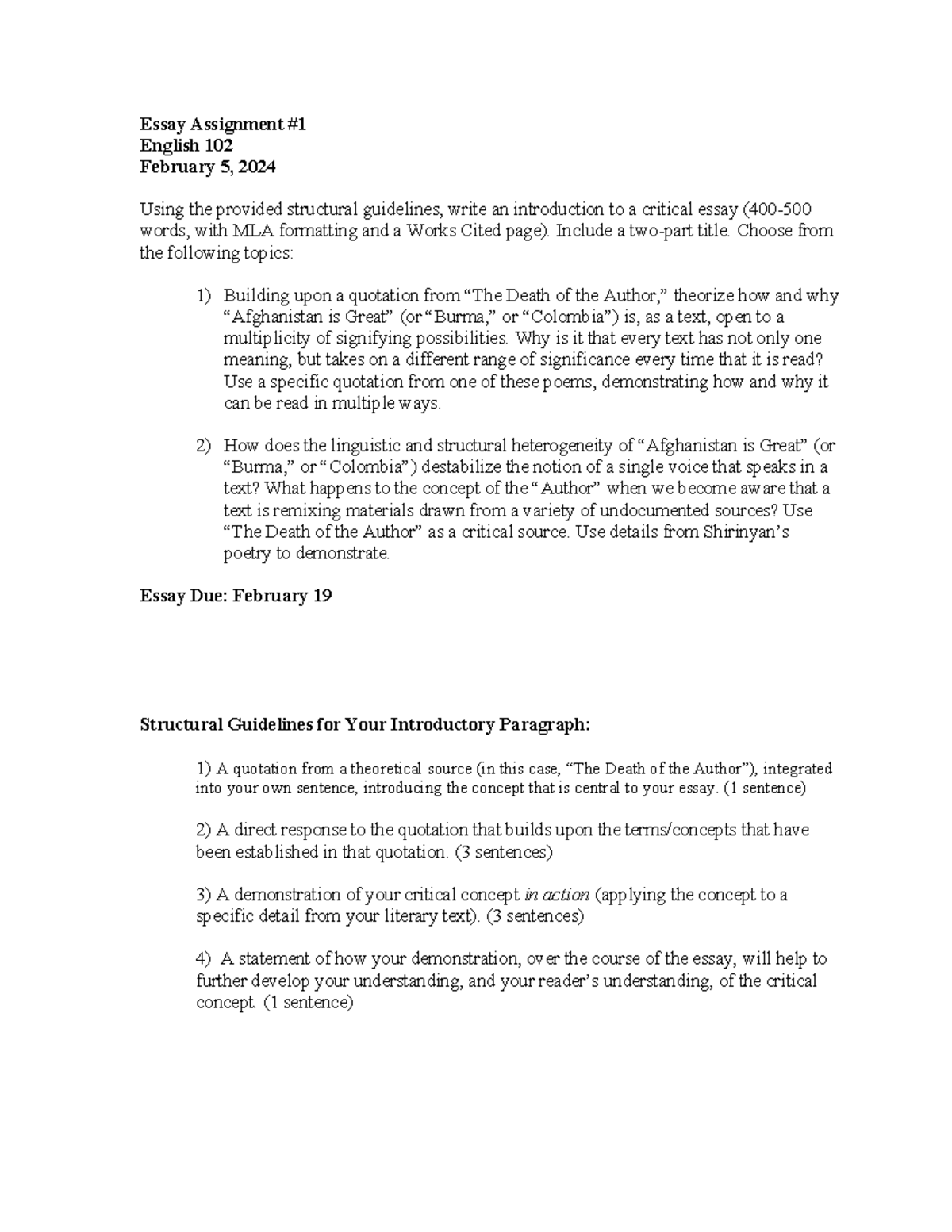 English 102 Essay 1 V02 Essay Assignment English 102 February 5