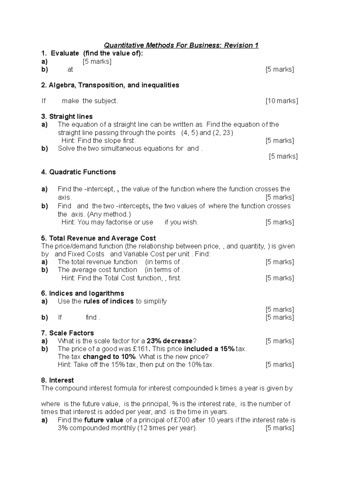 Revision Test 1 questions - Quantitative Methods For Business: Revision ...