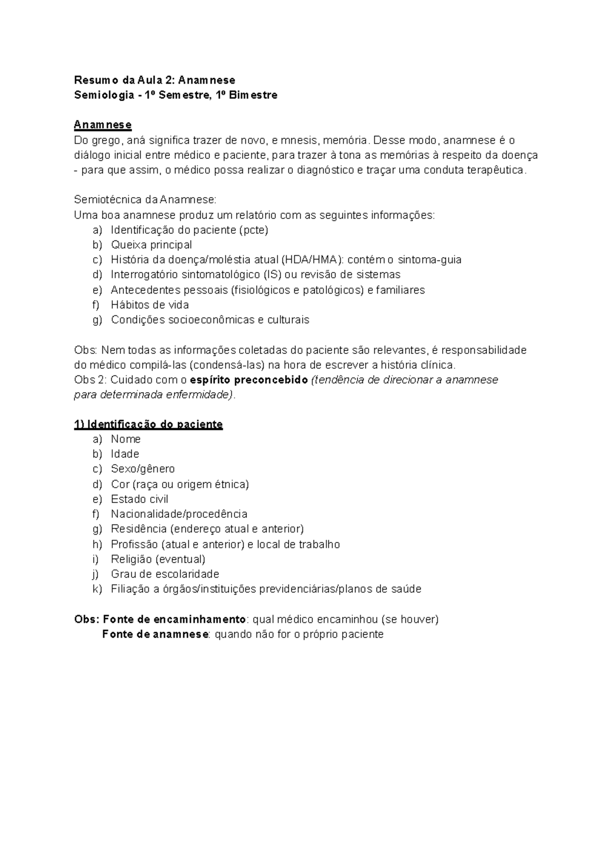 Anamnese Cadernão de Semiologia - Conceitos de semiologia