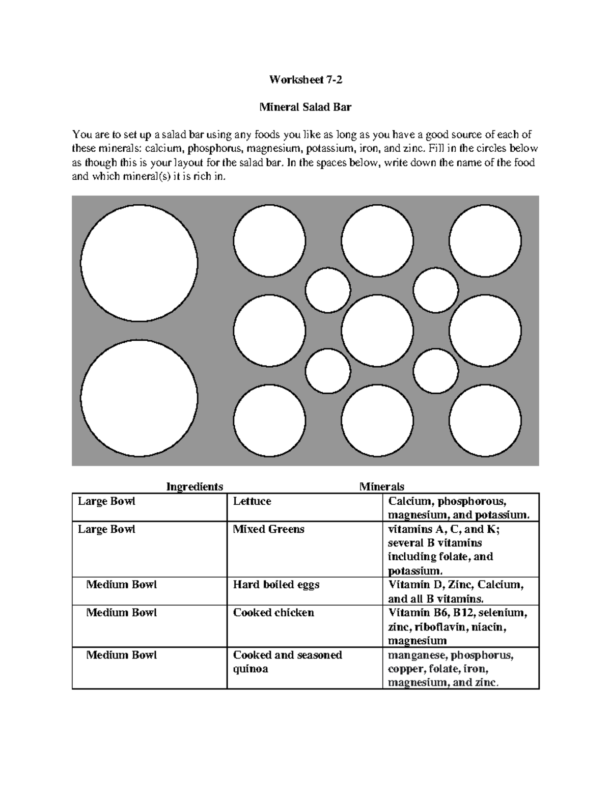 Worksheet 72 How many minerals are in the foods in salad bars Worksheet 7 Mineral Salad
