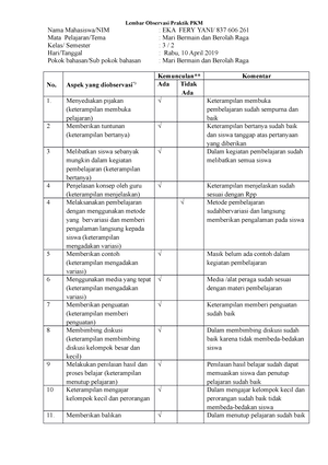 Lembar Observasi Praktek Kegiatan Mengajar 1 - Lembar Observasi Praktik ...