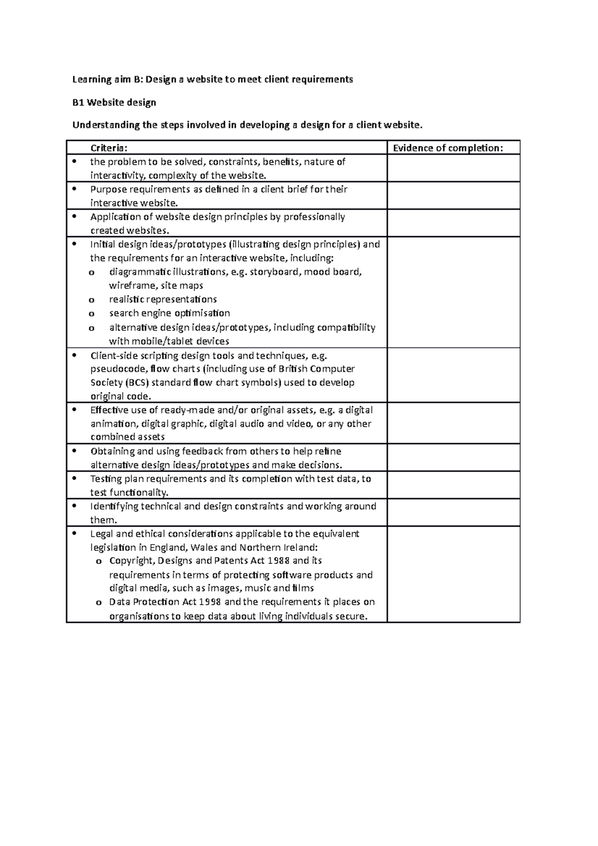 Checklist Learning Aim B1 Website Design - Learning Aim B: Design A ...