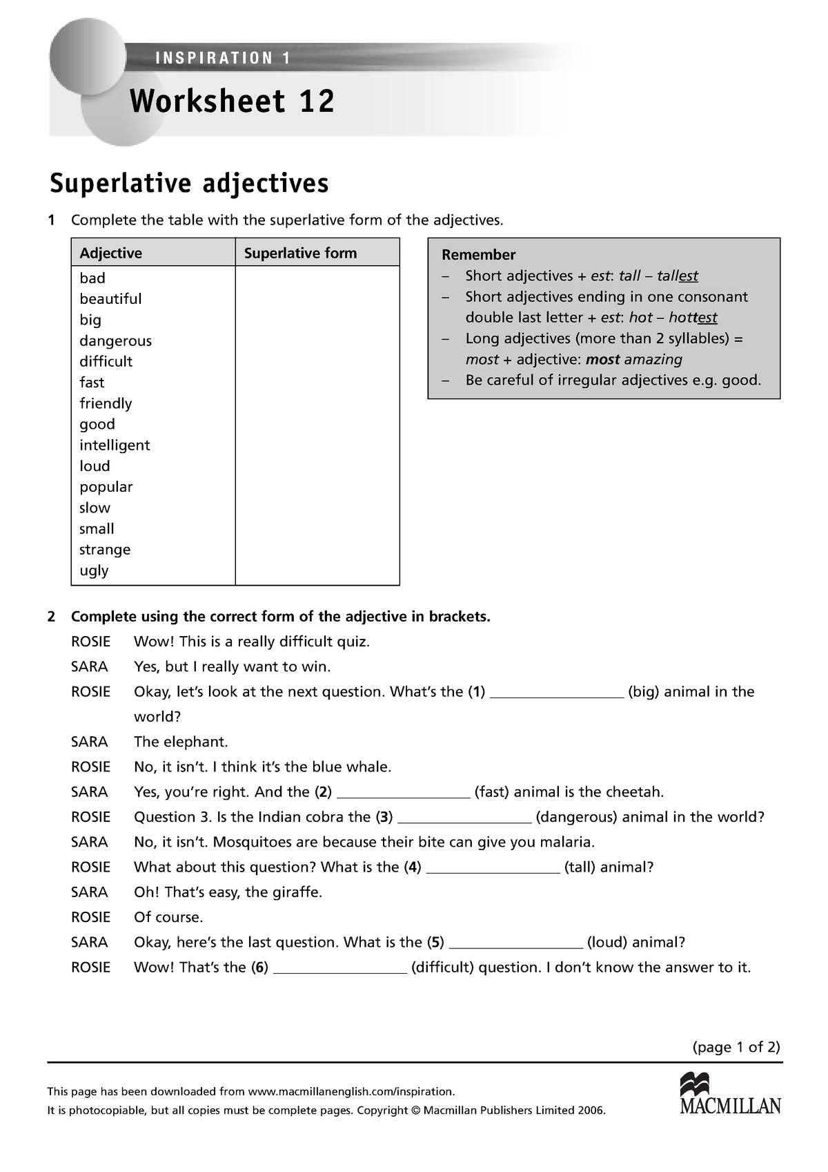 Superlatives 1 - Practica de inglés - 1 Complete the table with the ...