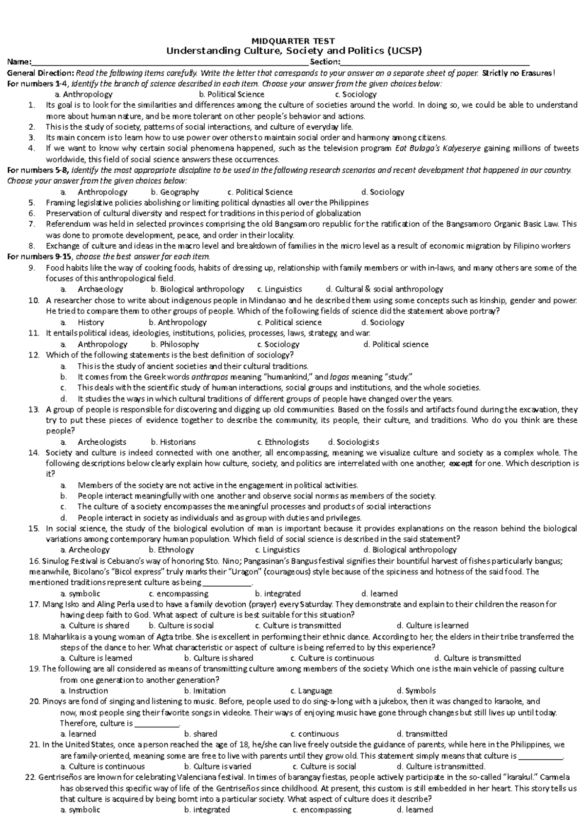 Midterm Final - 1st quarter Examination - MIDQUARTER TEST Understanding ...