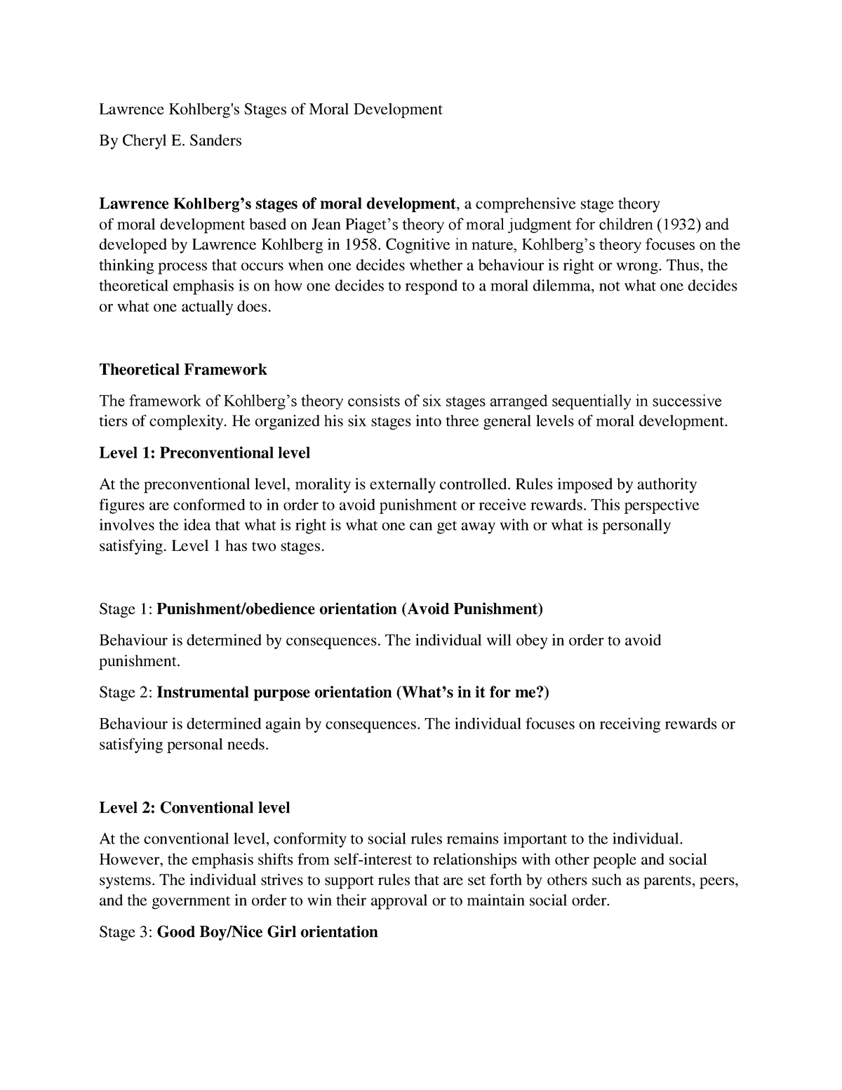 Kohlberg Stages of Moral Development by Sanders Lawrence Kohlberg's