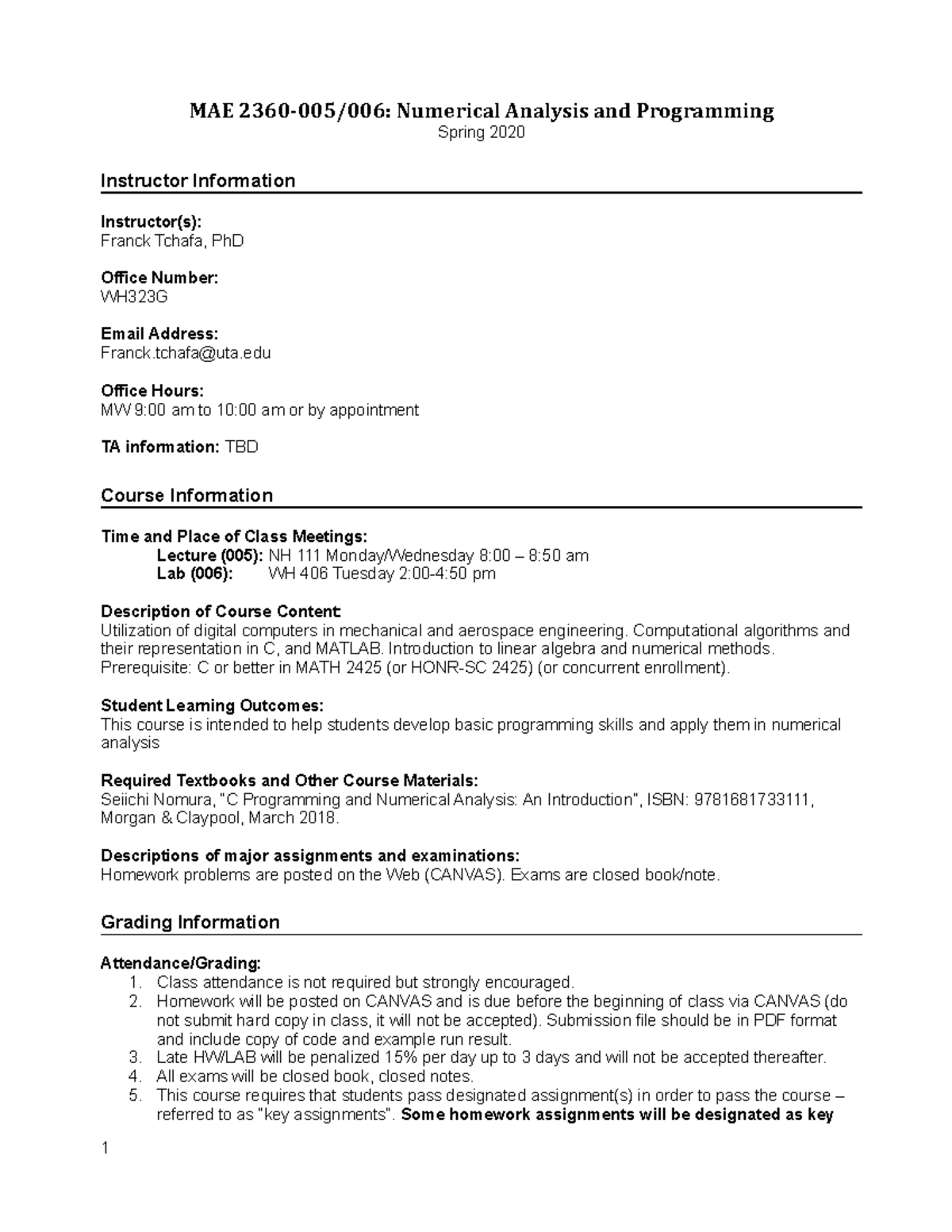MAE 2360 Syllabus Syllabi MAE 2360005/006 Numerical Analysis and