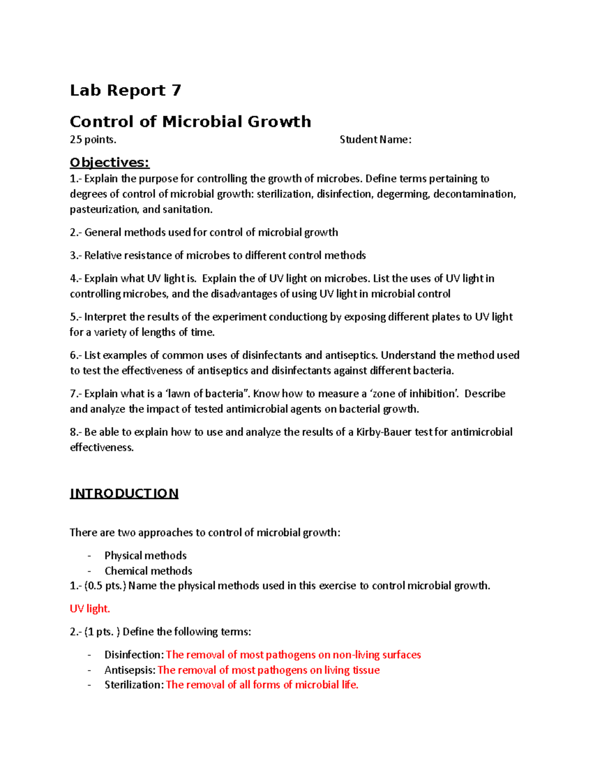 Lab Practical 2 Micro Lab Lab Report 7 Control of Microbial Growth