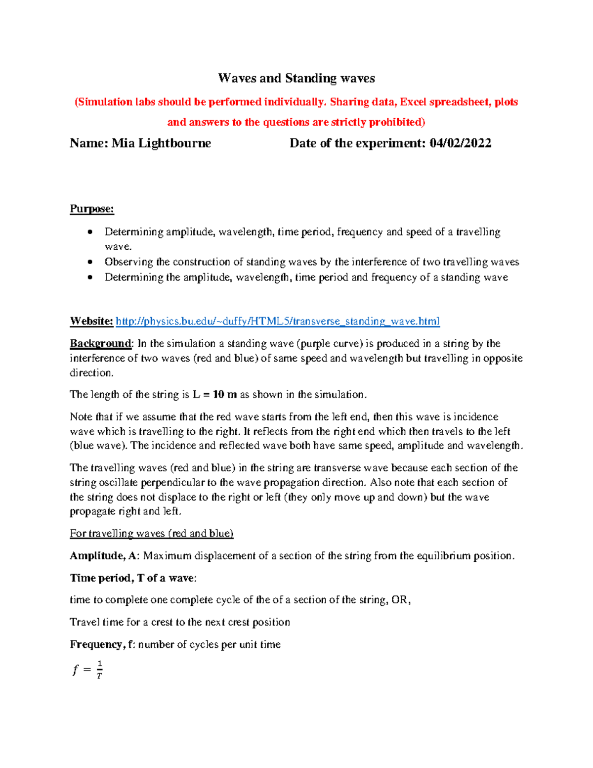 Lab Report about Waves and Standing Waves Waves and Standing waves
