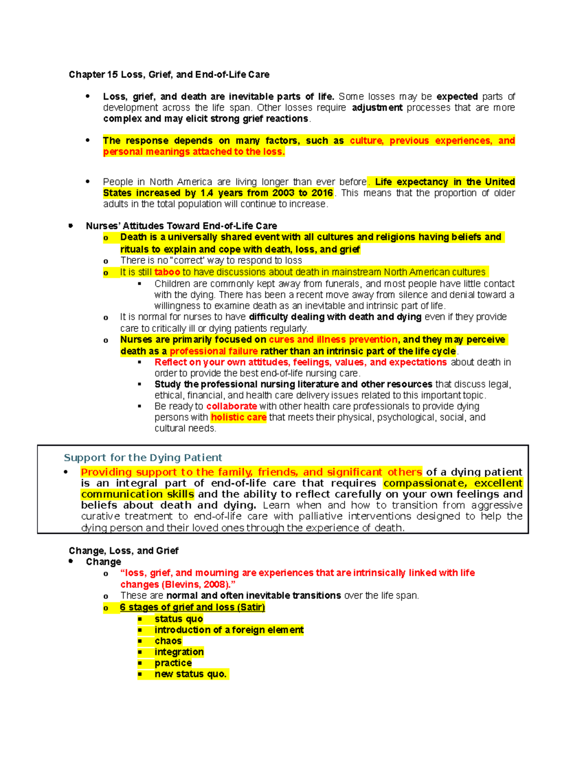 Chapter 15 Handout - Lecture And Text Notes. - Chapter 15 Loss, Grief ...