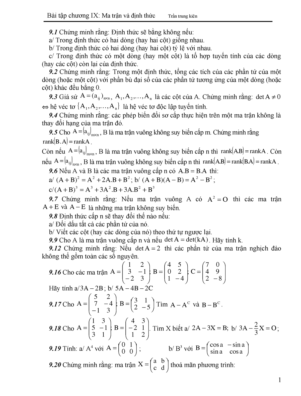Bài Tập Ma Trận định Thức 9 Chứng Minh Rằng Định Thức Sẽ Bằng Không Nếu A Trong định 5658