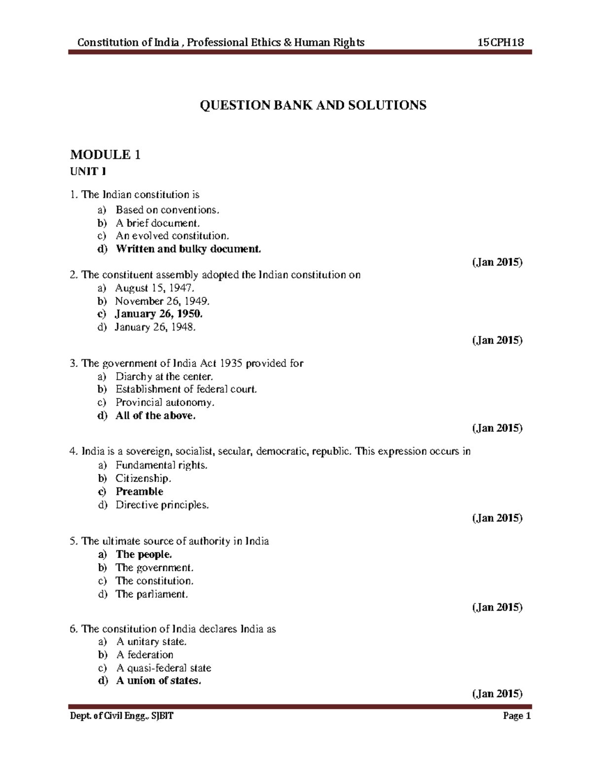 Constitution of India , Professional Ethics & Human Rights - QUESTION ...