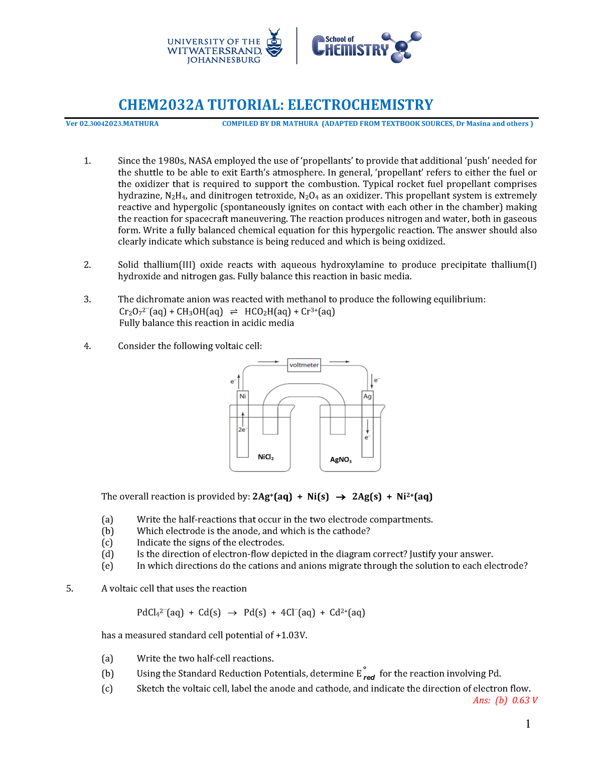 Chem2032A Tutorial Problems - Electrochemistry 30 April 2023 ...