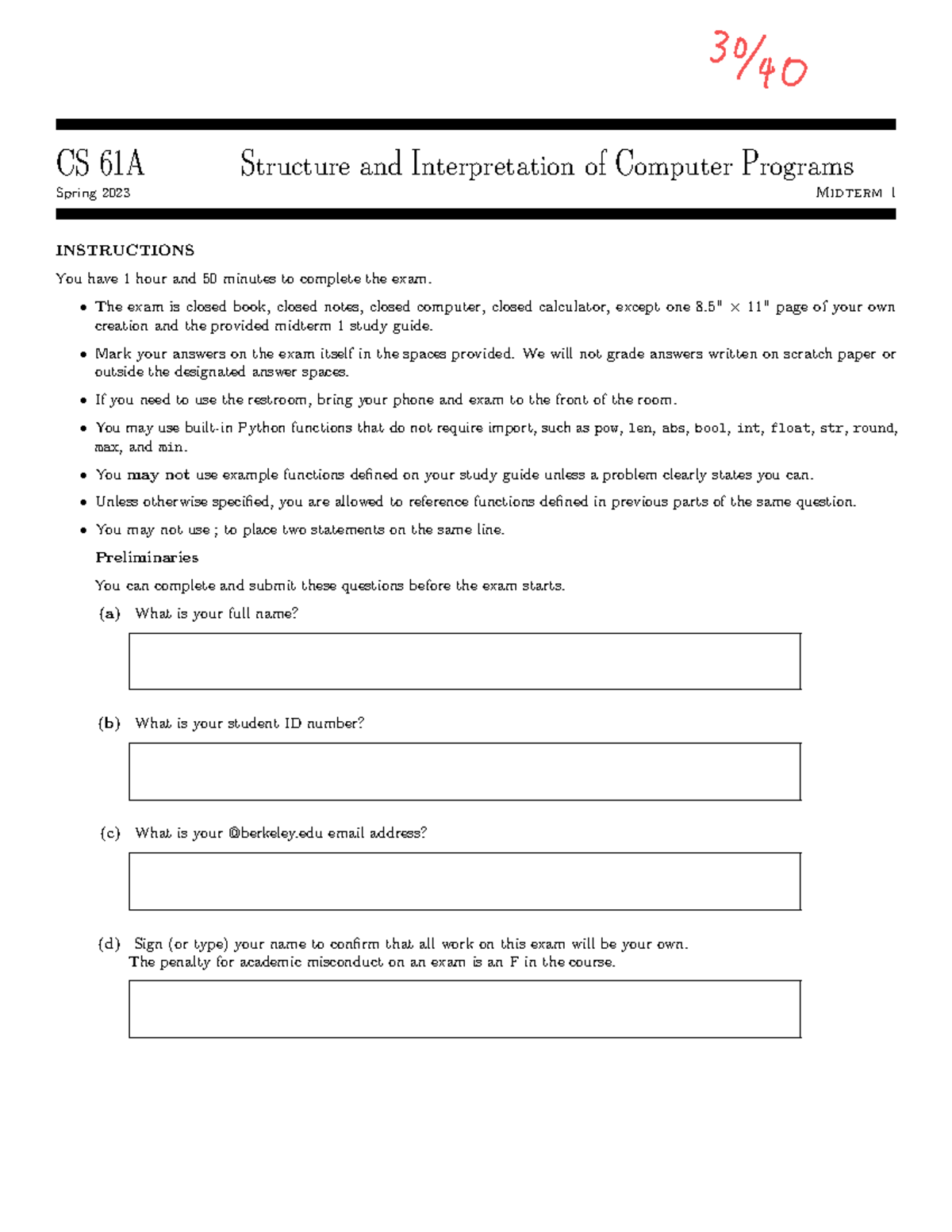 61a-sp23-mt1 - past midterms - CS 61A Structure and Interpretation of ...