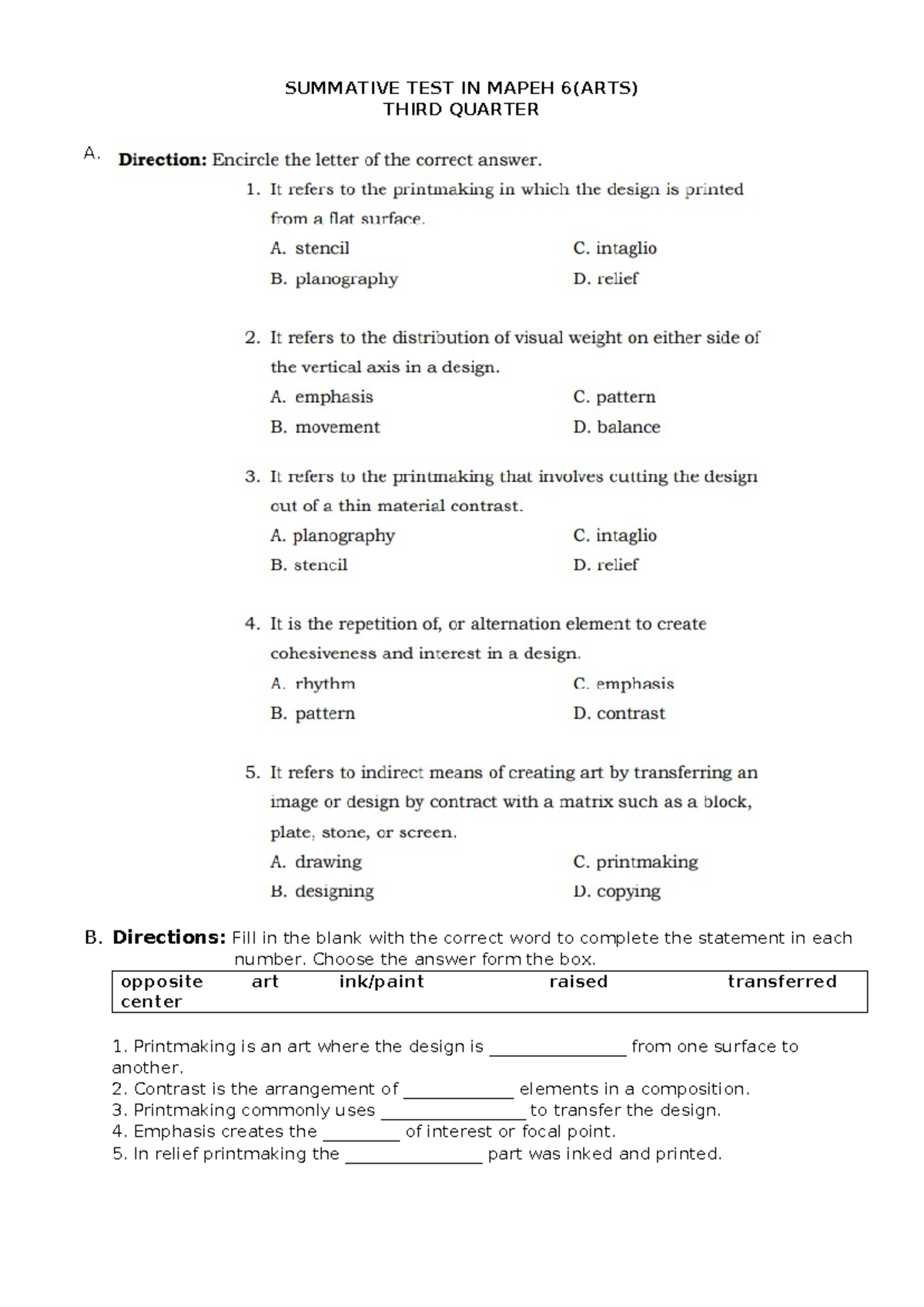 ARTS #3 - Sample Summative Test - SUMMATIVE TEST IN MAPEH 6(ARTS) THIRD ...