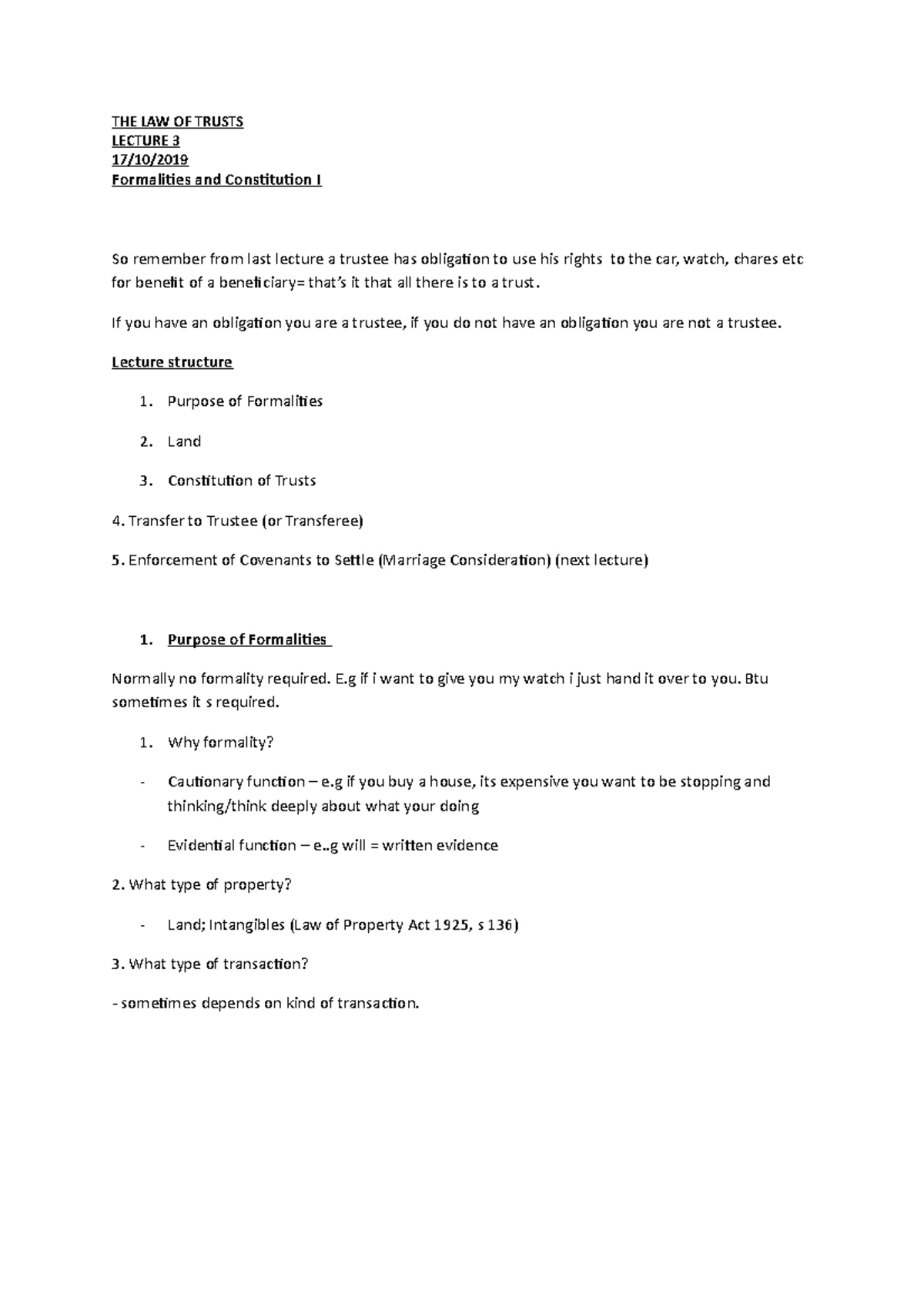 Lecture 3 - Formalities and Constitution I - THE LAW OF TRUSTSLECTURE 3 ...