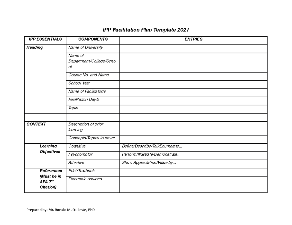 IPP Facilitation Plan Template 2021 And Name School Year Name Of 
