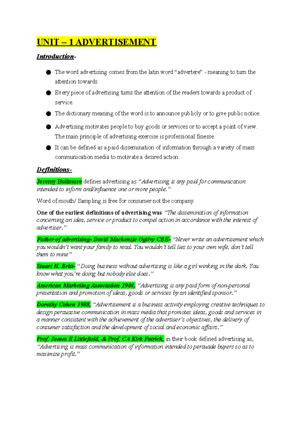 BOA notes - advertising unit 1 sem 4 - UNIT – 1 ADVERTISEMENT ...