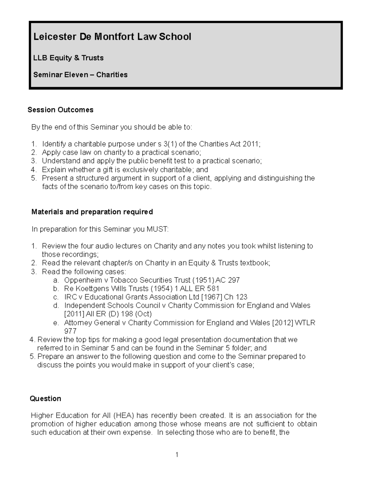 Seminar 11 n/a Leicester De Montfort Law School LLB Equity & Trusts