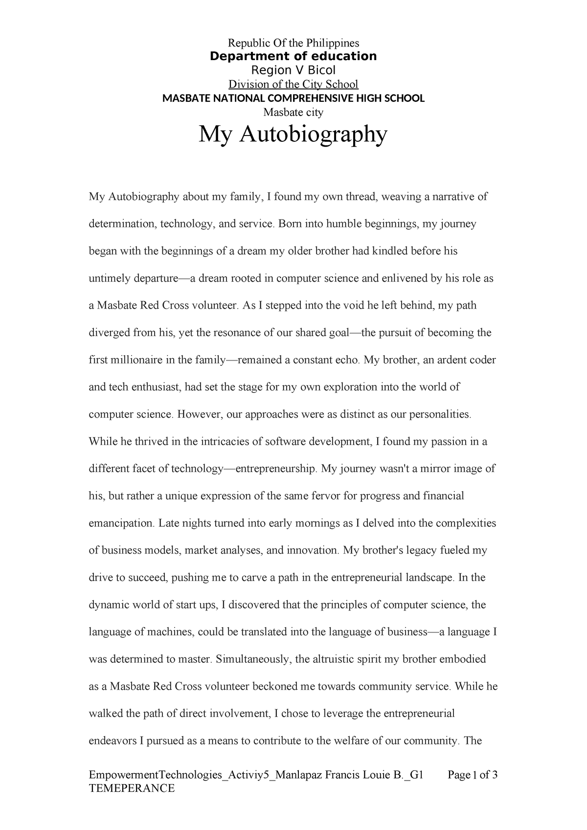 My Autobiography Abellar - 1 Republic Of the Philippines Department of ...