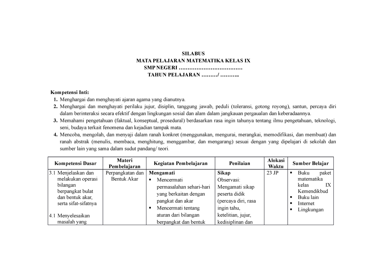 Contoh Silabus Kelas IX - SILABUS MATA PELAJARAN MATEMATIKA KELAS IX ...