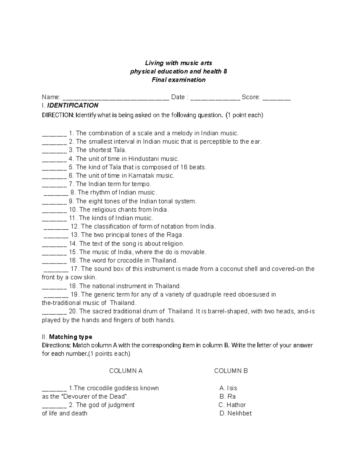 Joselle test paper - test pasper - Living with music arts physical ...