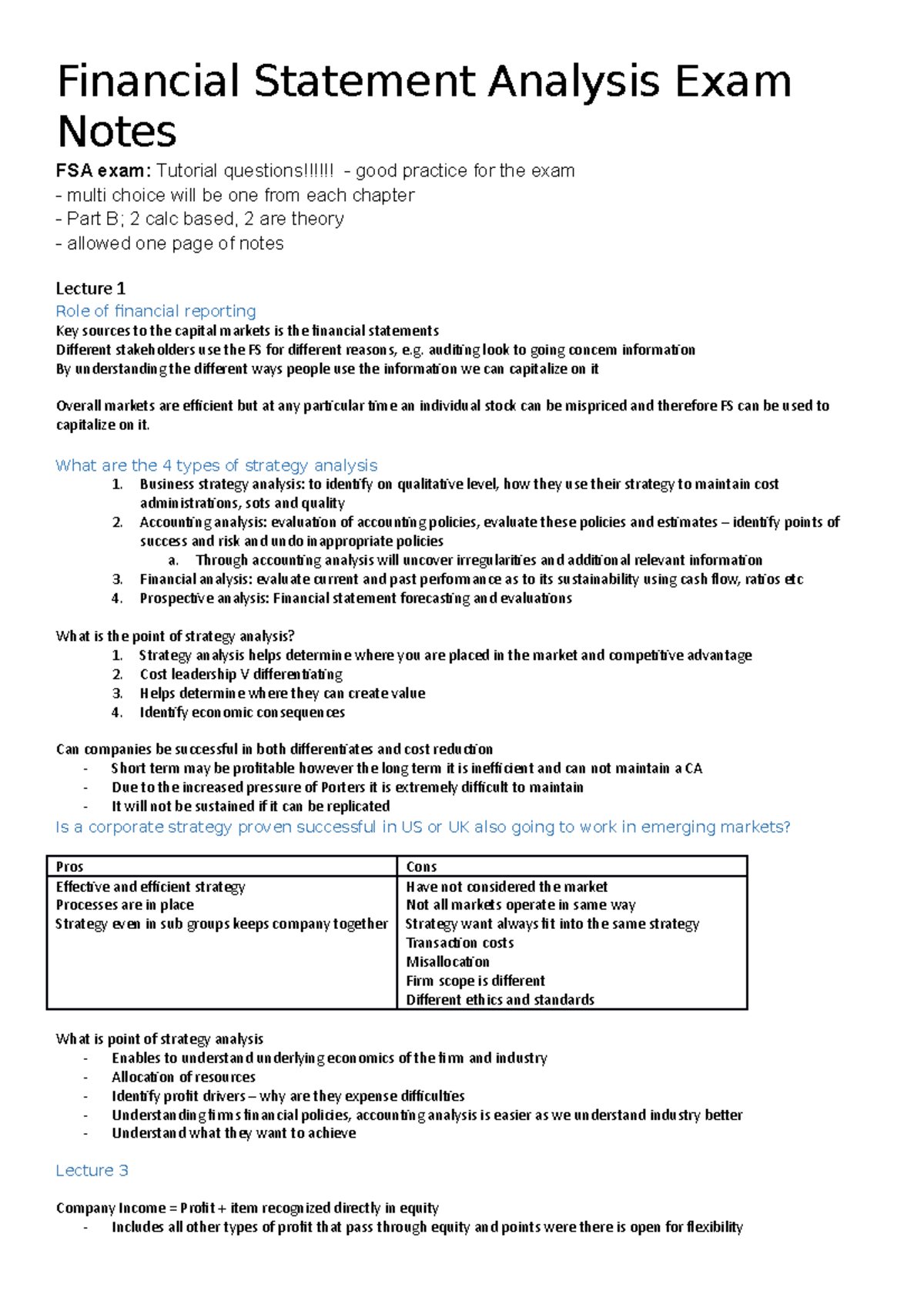 Financial Statement Analysis Exam Notes Summary lectures 1 13