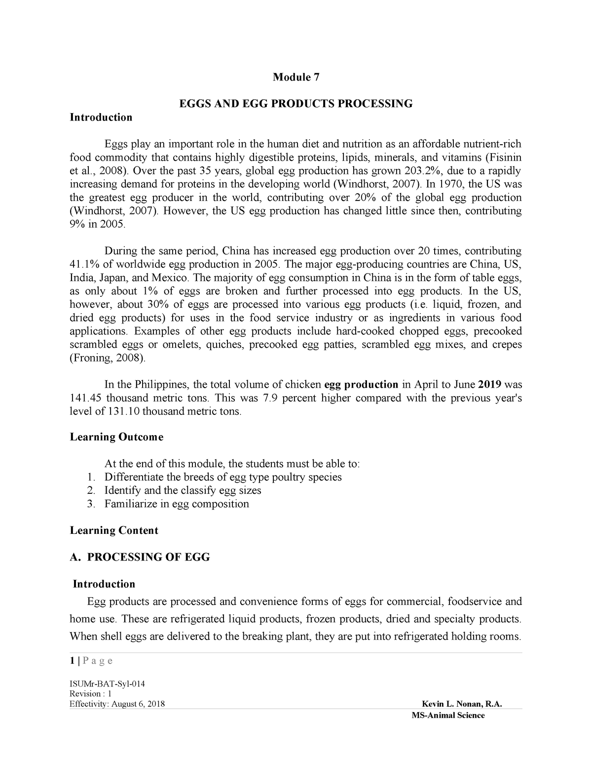 Module 7, and 8 - Lecture Notes - Module 7 EGGS AND EGG PRODUCTS ...