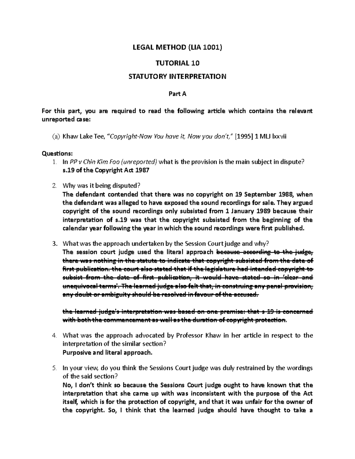 Tutorial 10 Statutory Interpretation Legal Method Lia 1001 Tutorial Tutorial 10 Statutory Interpretation Legal Method Lia 1001 Tutorial