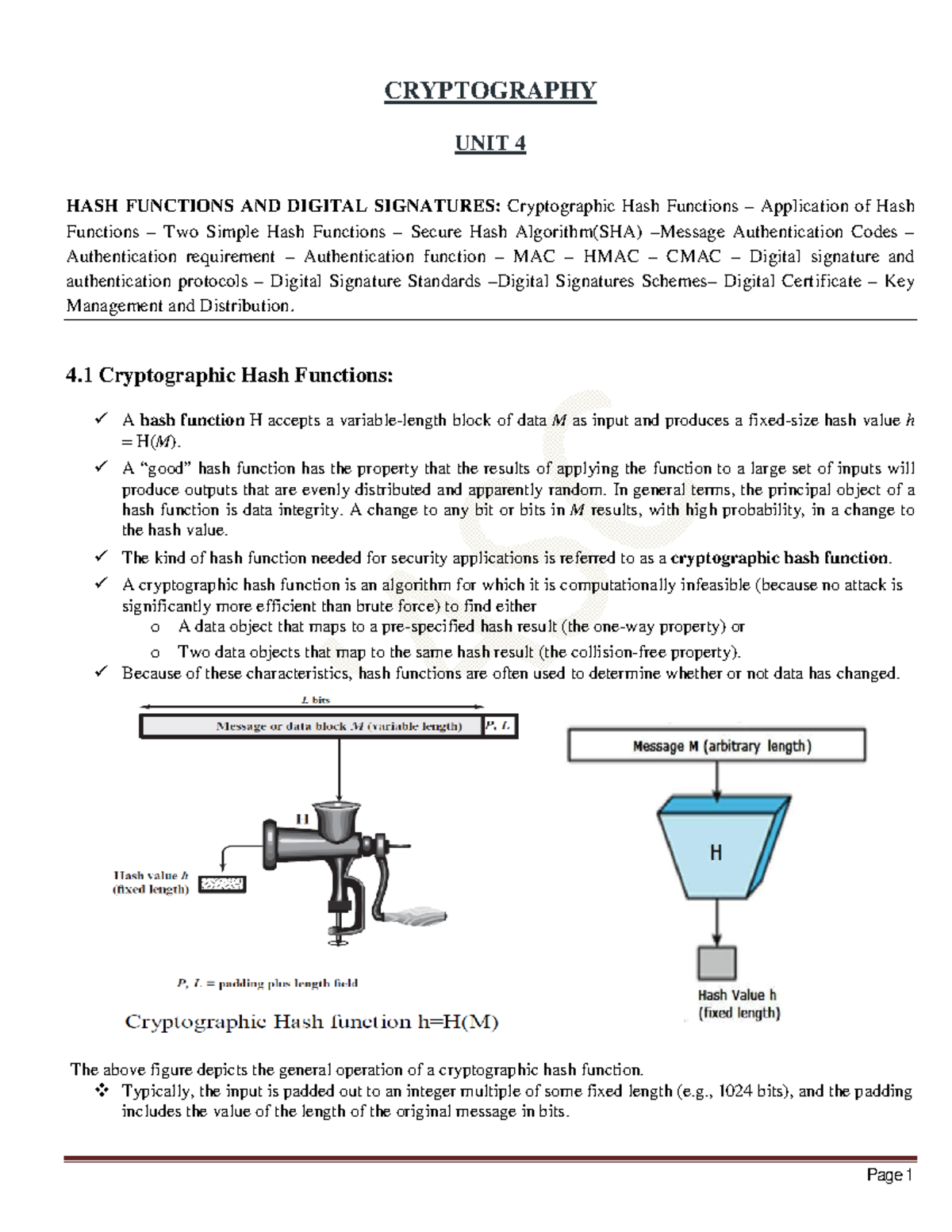 Cryptography 4 - CRYPTOGRAPHY UNIT 4 HASH FUNCTIONS AND DIGITAL ...