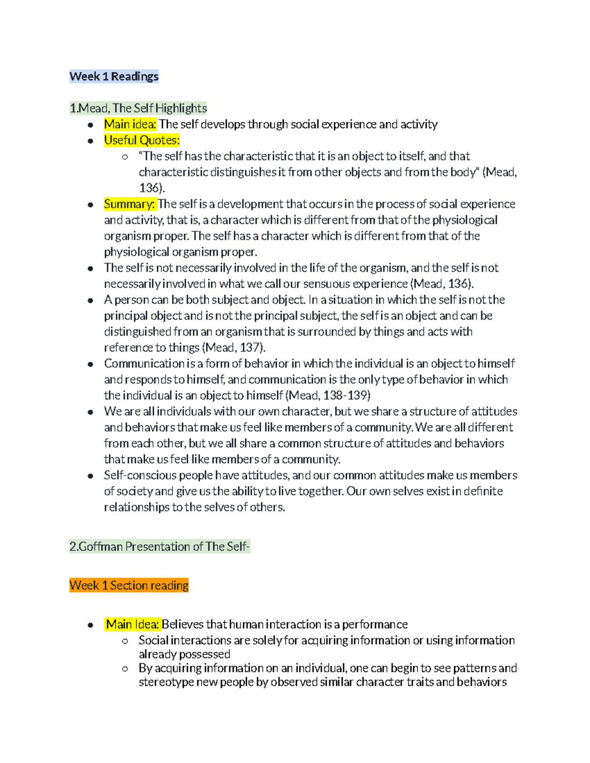 COMM 10 Midterm Notes-3 - Week 1 Readings 1, The Self Highlights Main ...