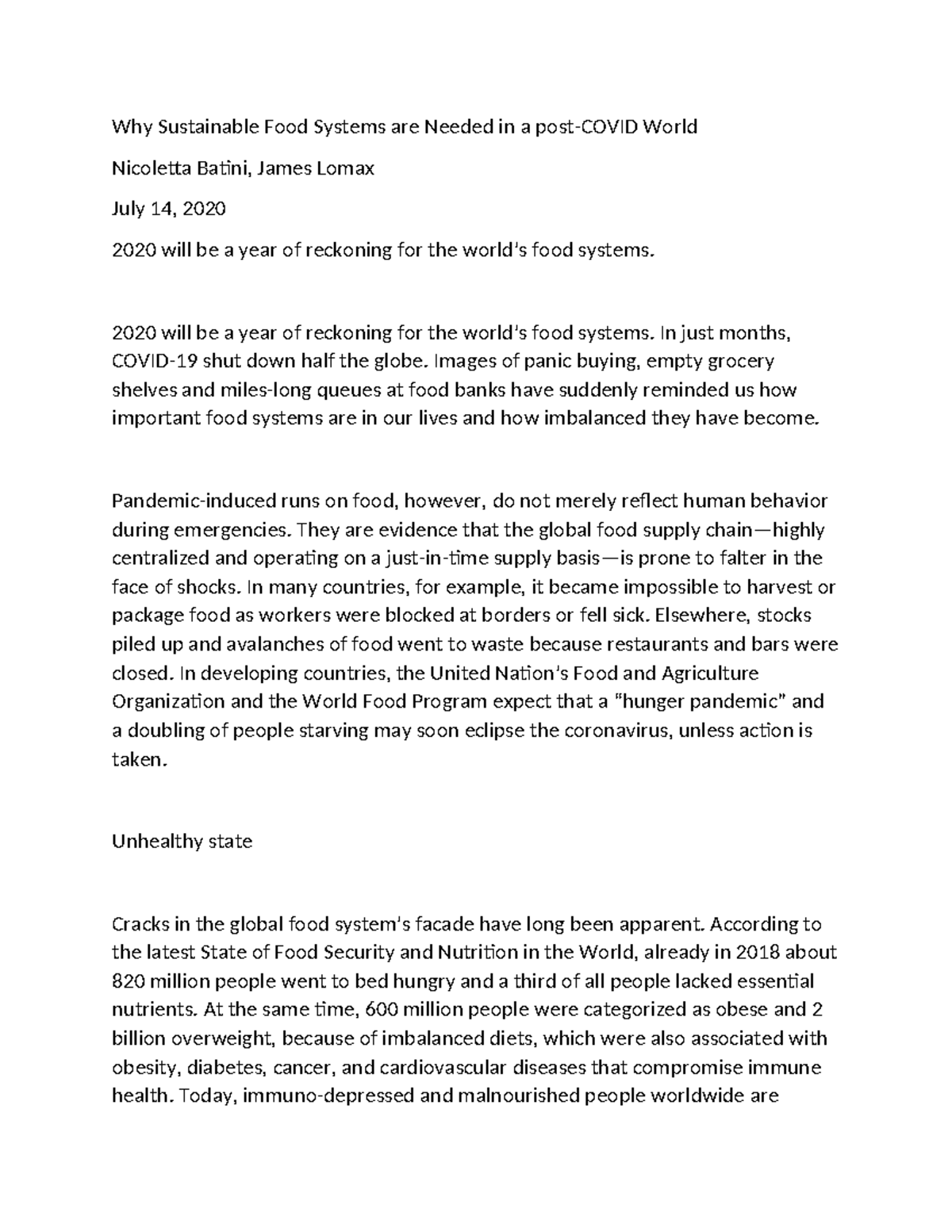 Why Sustainable Food Systems are Needed in a post - 2020 will be a year ...